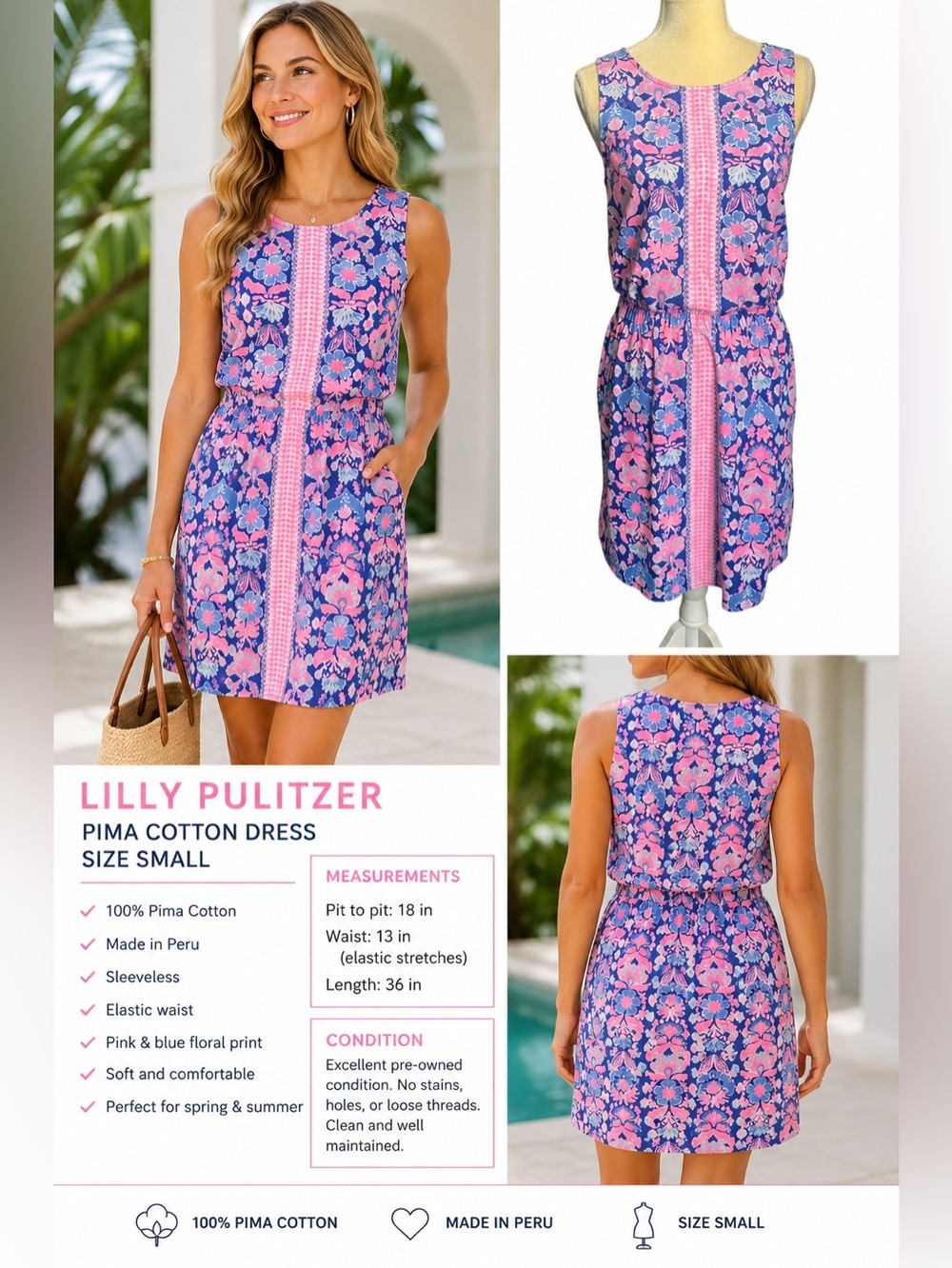 Lilly Pulitzer Pima Cotton Floral Sleeveless Dress Size S Pink Blue Made in Peru